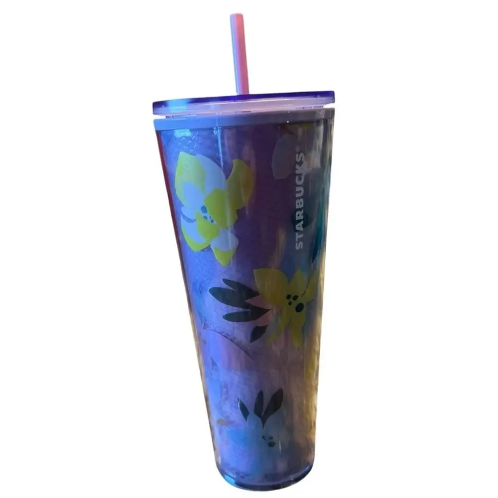Starbucks Set of 2 Vibrant Purple Floral & Pink and Purple Tumblers 24 oz.